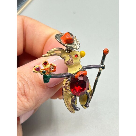 Vintage Trembler Pin Brooch Magician Bunny with Trembling Hat Flowers and Cane - Picture 7 of 8